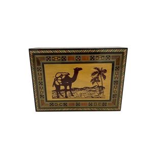 Vintage‎ Trinket Box Wood Inlay Camel Palm Tree Desert Decor Storage
